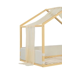 Streamdale Furniture Twin Size Velvet Canopy Bed with Gauze Canopy and Platform Frame