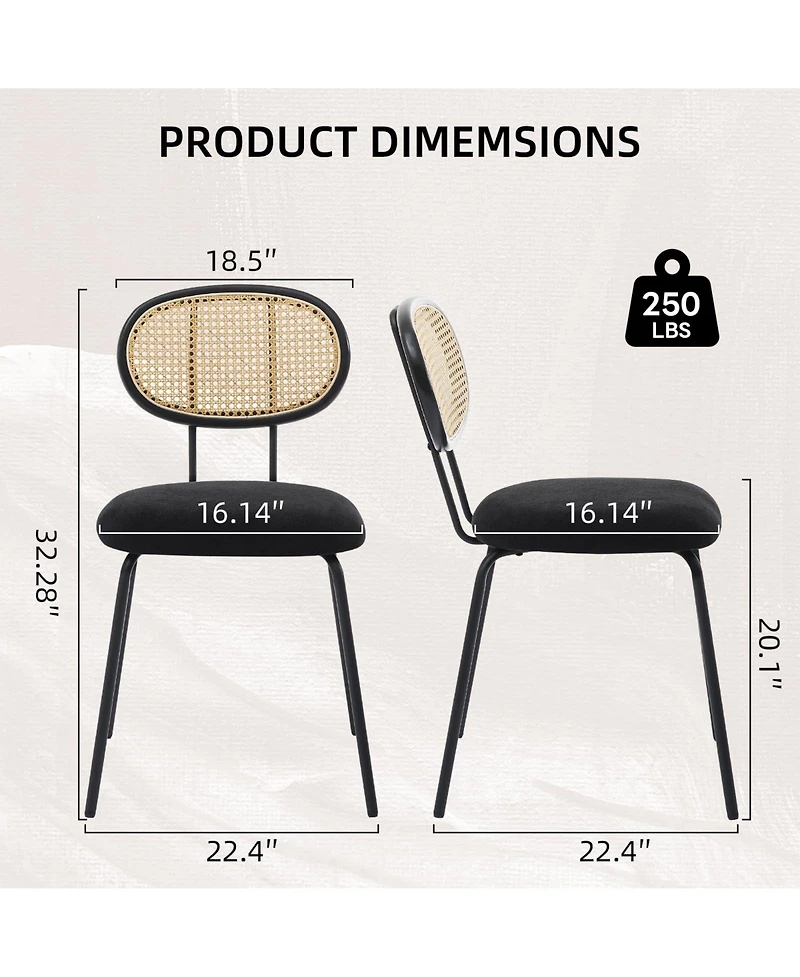 homfan Dining Chairs Set of 2, Mid-Century Modern Velvet Upholstered Chairs with Rattan Backrest and Metal Legs, for Kitchen, Living Room, Reception