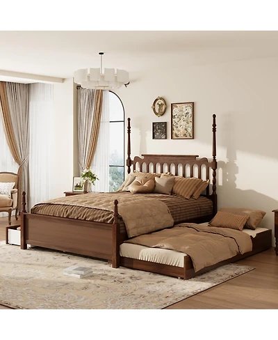 Streamdale Furniture Queen Platform Bed with Twin Xl Trundle, 2 Drawers, and Spindle Headboard
