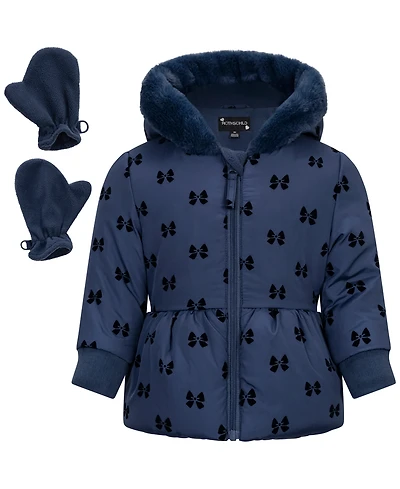 S Rothschild & Co Baby Girls' Flocked Hooded Peplum Puffer Jacket and Mittens, 2-Piece Set