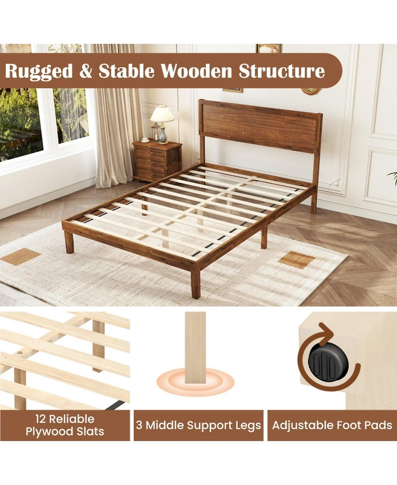 Gouun Full Size Wood Platform Bed Frame with High Headboard and 12 Plywood Slats