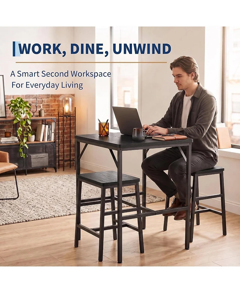 homfan Space-Saving 3-Piece Dining Table Set for 2 - Square High Top with Stools, Compact Bistro Apartments and Small Space