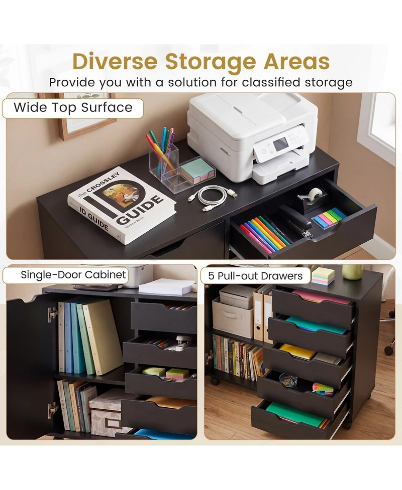 Mecale 5-Drawer Mobile Storage Cabinet with Door and Adjustable Shelf