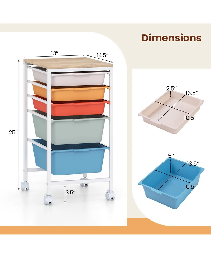 Mecale 5-Drawer Rolling Storage Cart with Wooden Tabletop