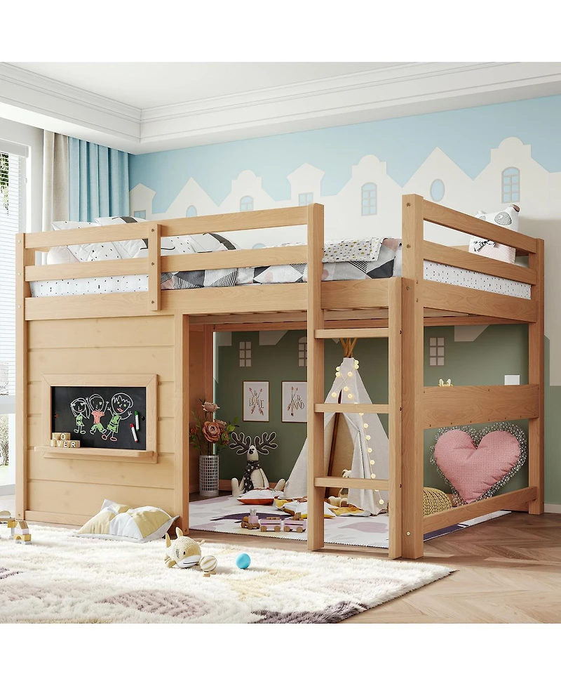 Streamdale Furniture Full Size Loft Bed with Slide, Chalkboard, Bookshelf, and Safety Rails