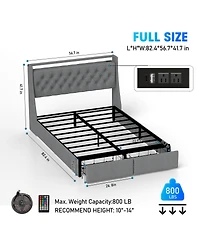 Streamdale Furniture Led Tufted Linen Platform Bed Frame with Drawers and Usb Charging
