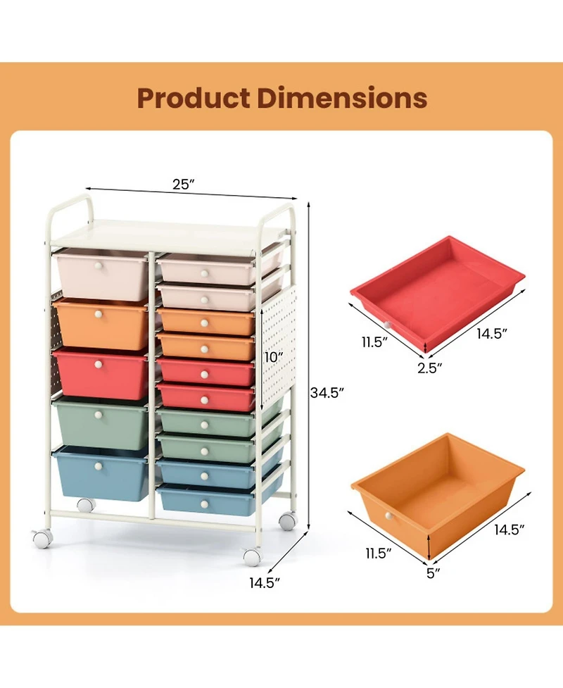 Sugift 15-Drawer Rolling Storage Cart with Metal Tabletop and Pegboard Mobile Craft Organizer