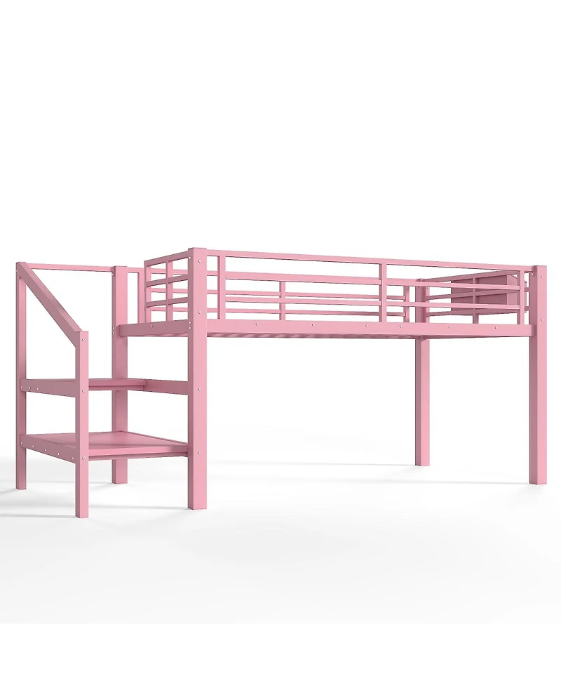 Streamdale Furniture Twin Low Loft Bed with Storage Stairs, Fabric Drawers, Lights