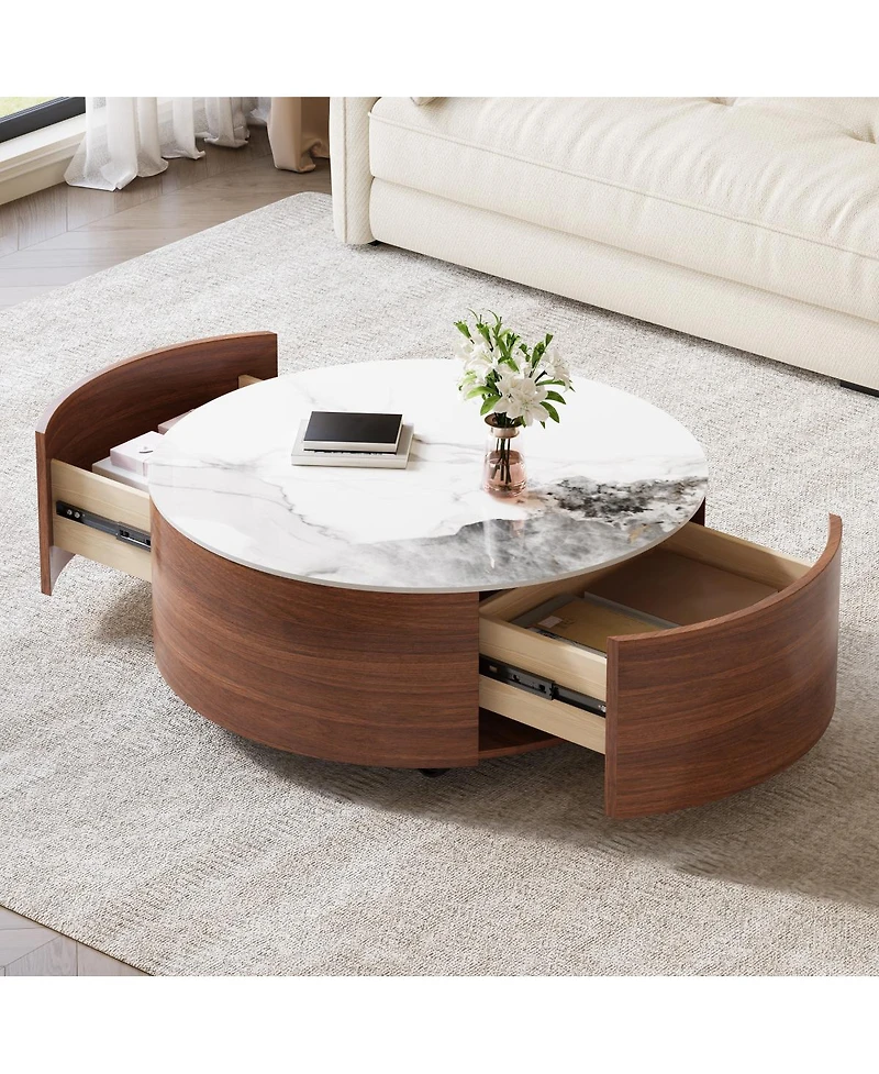 Streamdale Furniture Modern Round Movable Coffee Table with Casters, Walnut, 29.5