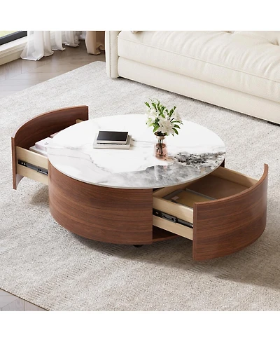 Streamdale Furniture Modern Round Movable Coffee Table with Casters, Walnut, 29.5