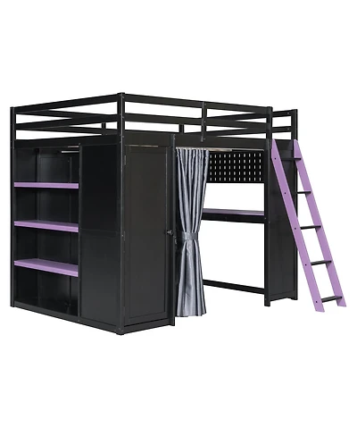 Streamdale Furniture Wood Full Loft Bed with Wardrobe, Shelves, Curtains and Rgb Lights