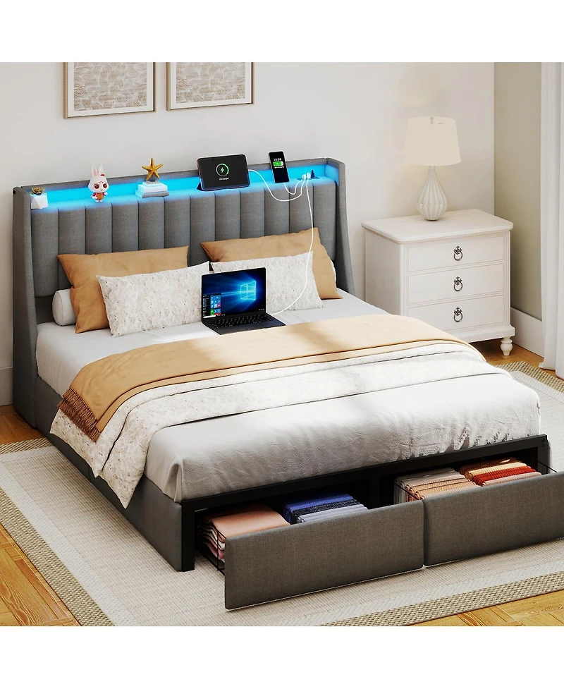 Streamdale Furniture Queen Led Bed Frame with Charging Station and Storage Drawers