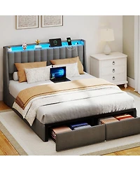 Streamdale Furniture Queen Led Bed Frame with Charging Station and Storage Drawers