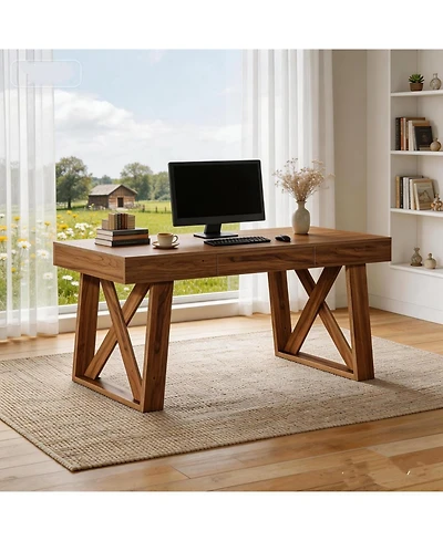 Tribesigns 55 Inches Walnut Computer Desk with Drawer, Mid-Century Farmhouse Executive Desk, Rustic Wide Desktop Home Office Desk for Workstation