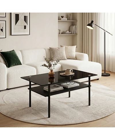 Streamdale Furniture Modern Glass Coffee Table with Wood Shelf, Metal Legs, 38.6