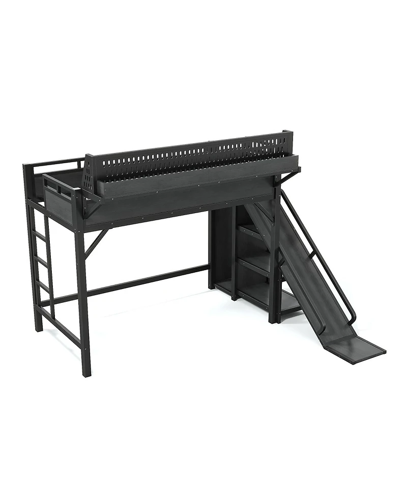 Streamdale Furniture Twin Xl Metal Loft Bed with Slide, Wardrobe and Led Lights