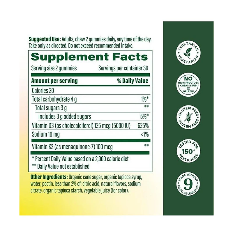 MegaFood Vitamin D3 and K2 Gummies, 5000 Iu, Bone and Immune Health Support, 60 Peach Gummies
