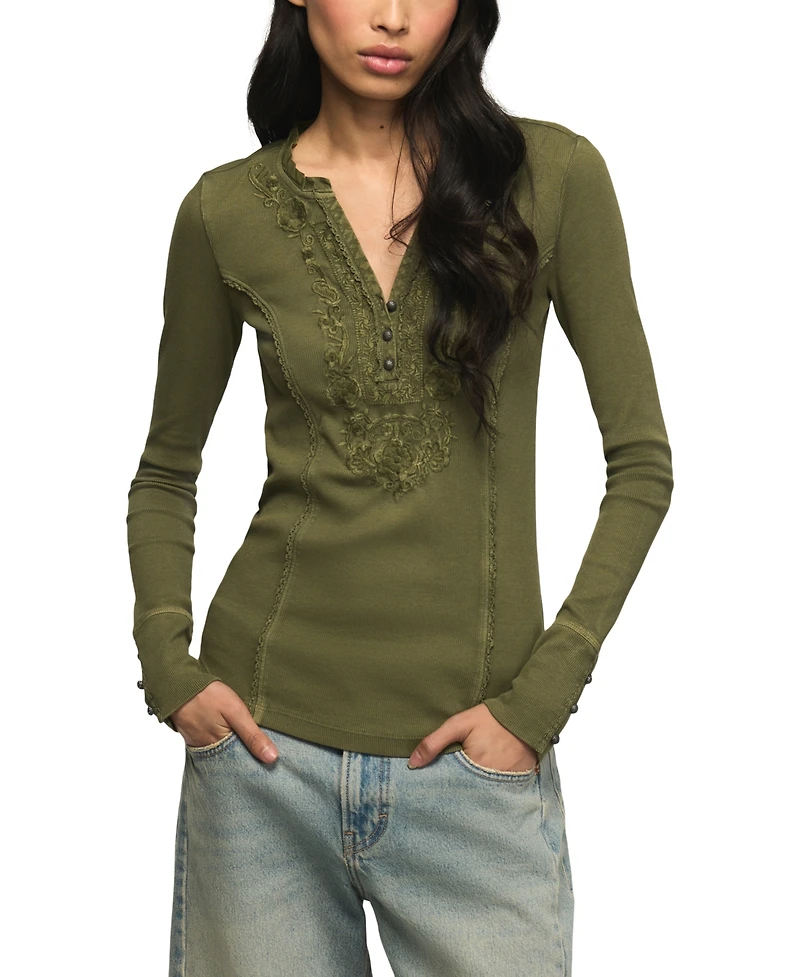 Lucky Brand Women's Embroidered V-Neck Long-Sleeve Henley