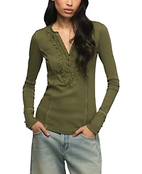Lucky Brand Women's Embroidered V-Neck Long-Sleeve Henley