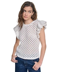 Dkny Jeans Women's Baby Chenille Pointelle Rib Flutter-Sleeve Sweater