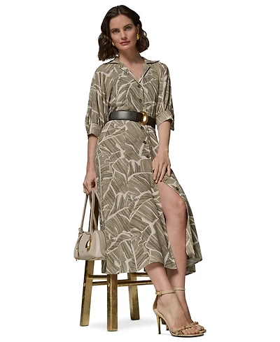 Donna Karan New York Women's Printed Collared Shirtdress with Faux Leather Belt