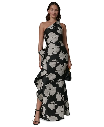 Donna Karan New York Women's Floral One-Shoulder Ruffle Evening Gown