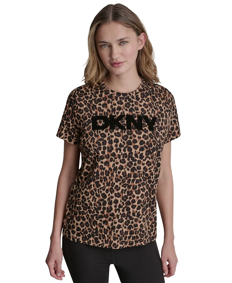 Dkny Sport Women's Foil Logo Leopard Crewneck T-Shirt
