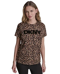 Dkny Sport Women's Foil Logo Leopard Crewneck T-Shirt