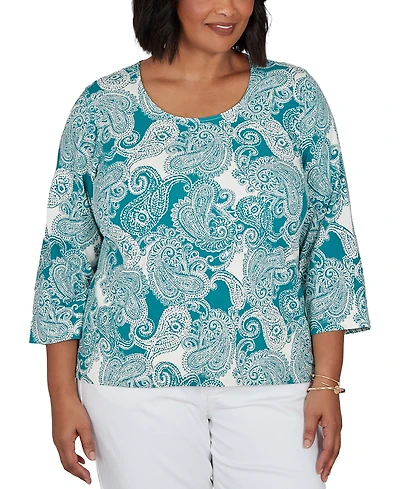 Hearts Of Palm Plus Stamped Paisley 3/4-Sleeve Scoop Neck T-Shirt
