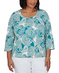 Hearts Of Palm Plus Stamped Paisley 3/4-Sleeve Scoop Neck T-Shirt