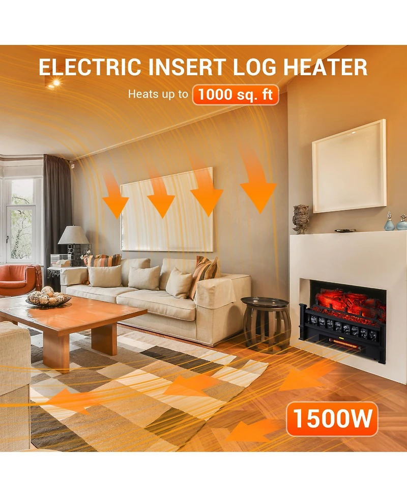 homfan 20" Electric Fireplace Log Insert Heater, 1500W Freestanding Space Heater - Thermostat Knob Control - 5 Flame Brightness Levels