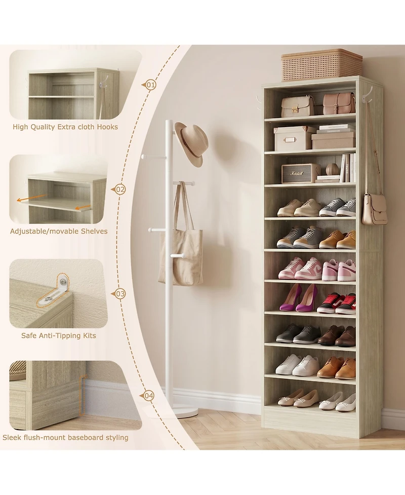 Aheaplus 10-Tiers Tall Shoe Cabinet with Hooks, Entryway Storage Organizer
