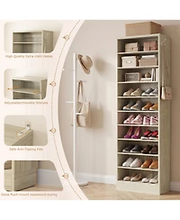 Aheaplus 10-Tiers Tall Shoe Cabinet with Hooks, Entryway Storage Organizer