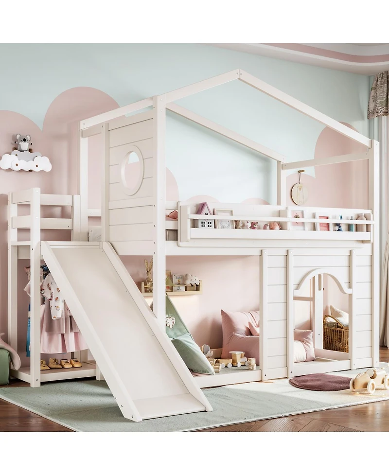 Streamdale Furniture Twin House Loft Bed with Slide, Wardrobe and Bookshelves