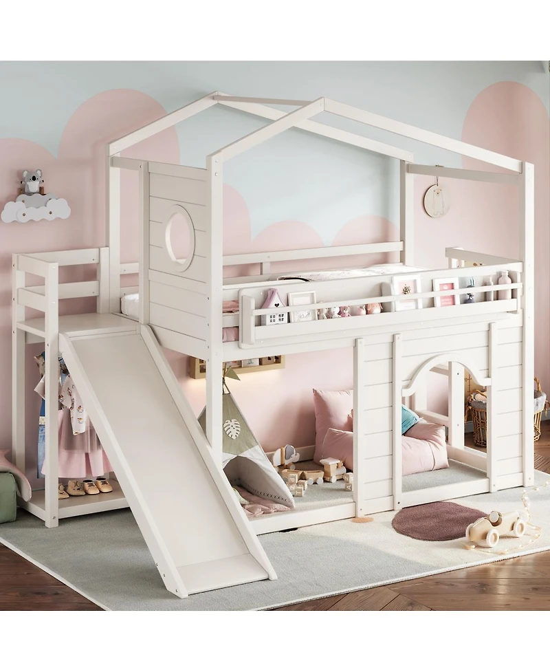 Streamdale Furniture Twin House Loft Bed with Slide, Wardrobe and Bookshelves