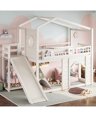 Streamdale Furniture Twin House Loft Bed with Slide, Wardrobe and Bookshelves