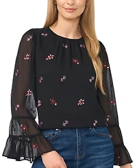 CeCe Women's Beaded Long-Sleeve Double Ruffle Cuff with Shirred Neck Blouse