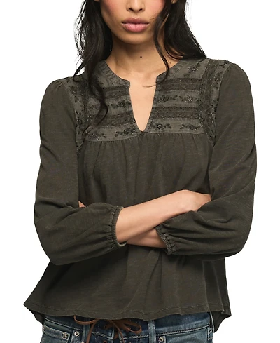 Lucky Brand Women's Trim Mix Knit Lace-Trim Embroidered Peasant Top