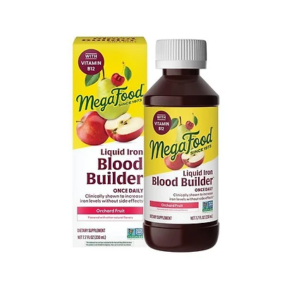 MegaFood Blood Builder Liquid Iron Supplement for Women, Men and Kids 4+ , Orchard Fruit Flavor, 7.7 fl oz