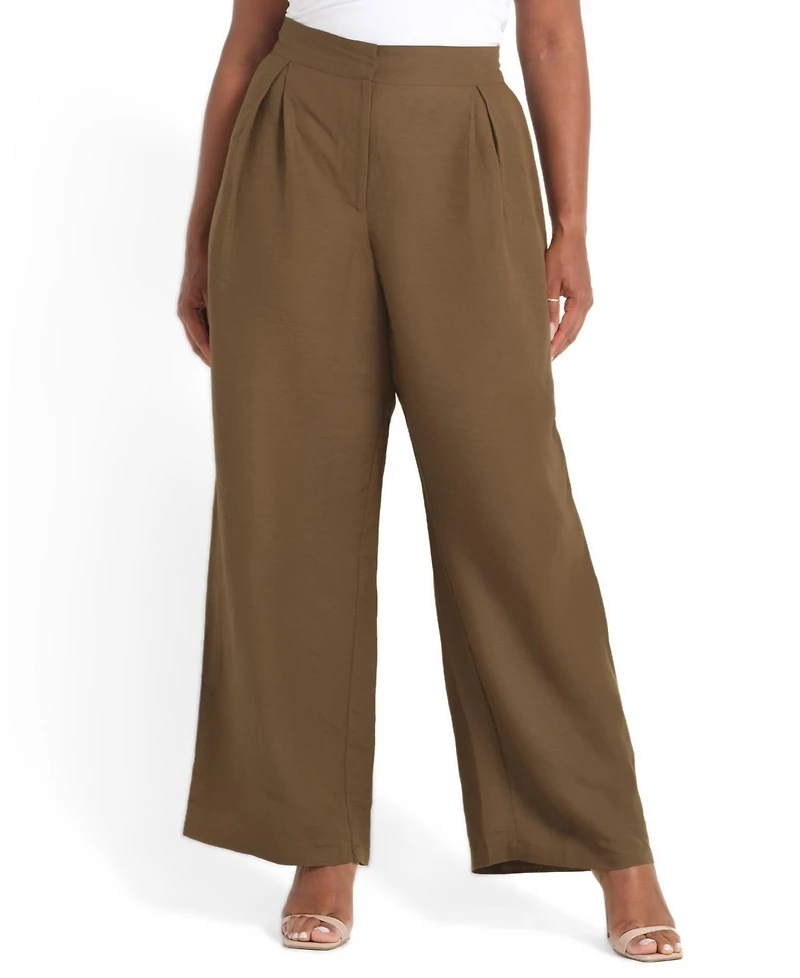 Estelle Plus Katrina Linen-Blend Pleated Wide-Leg Pants