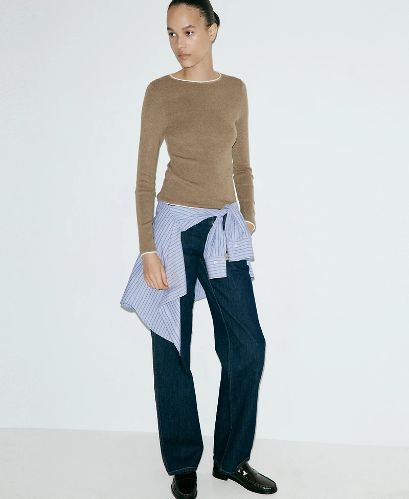 Mango Women's Ribbed-Knit Contrast-Trim Crewneck Long-Sleeve Sweater