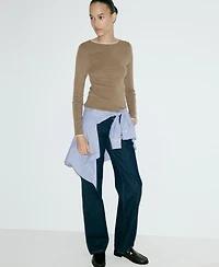 Mango Women's Ribbed-Knit Contrast-Trim Crewneck Long-Sleeve Sweater