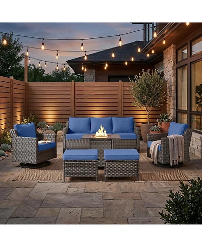Pocassy 6-Piece Outdoor Furniture Set with Fire Pit Table, Wicker Patio Conversation Set with Cushions and Swivel Glide Chairs