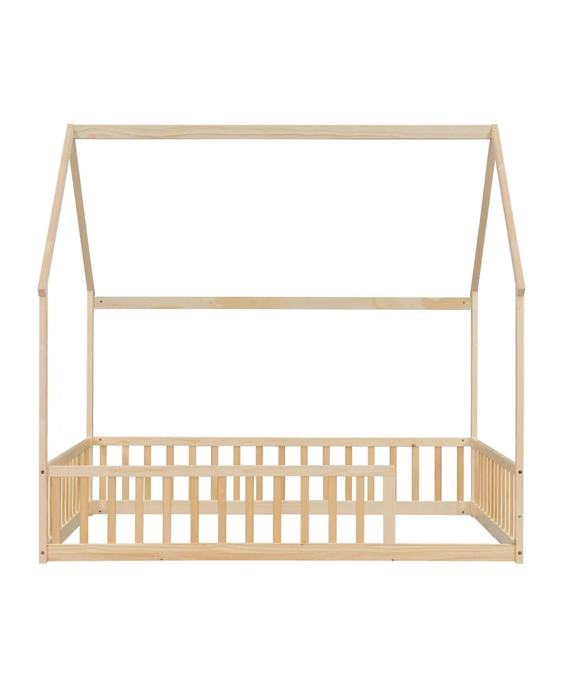 Streamdale Furniture Full Size House Floor Bed with Roof and Safety Guardrails