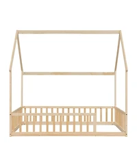 Streamdale Furniture Full Size House Floor Bed with Roof and Safety Guardrails