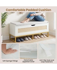 Sugift 39.5inches Rattan Storage Chest Wicker Shoe Bench with Padded Seat Flip-Top
