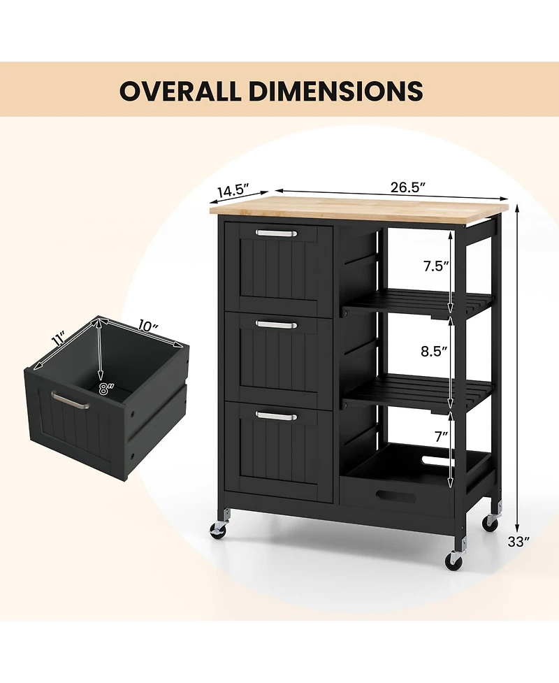 Volenca Rolling Kitchen Island Cart with 3 Drawers, Open Shelves and Casters