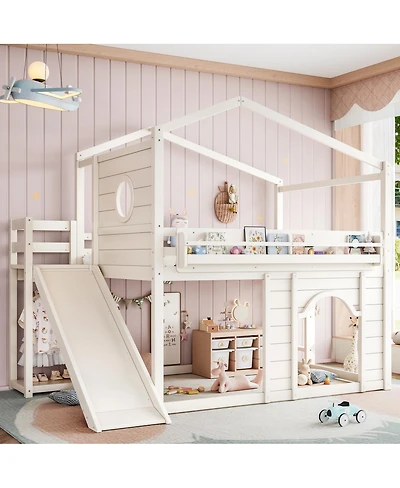 Streamdale Furniture Full Size House Loft Bed with Slide, Wardrobe and Bookshelves