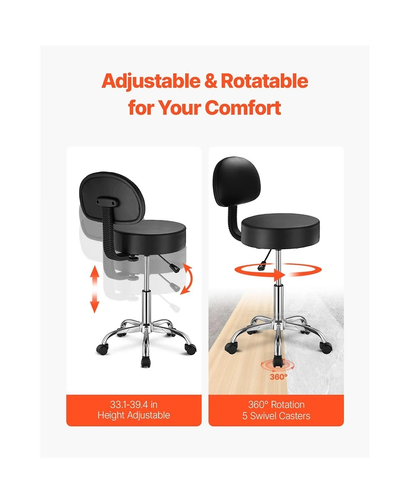 Sugift Round Rolling Stool Chair with Back Support and Wheels 450 Pound Capacity