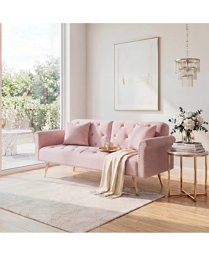 Streamdale Furniture Velvet Convertible Sofa Bed with Gold Metal Legs
